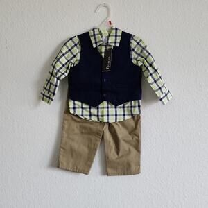 GEORGE Suit Set 3 Piece Pants Vest Button Down Shirt Size 18M Tan & Navy